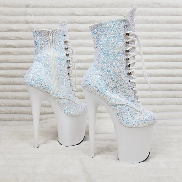 White Ice UV Glitter 8" Platform Heel Ankle Boots Flamingo - Picture 9 of 12